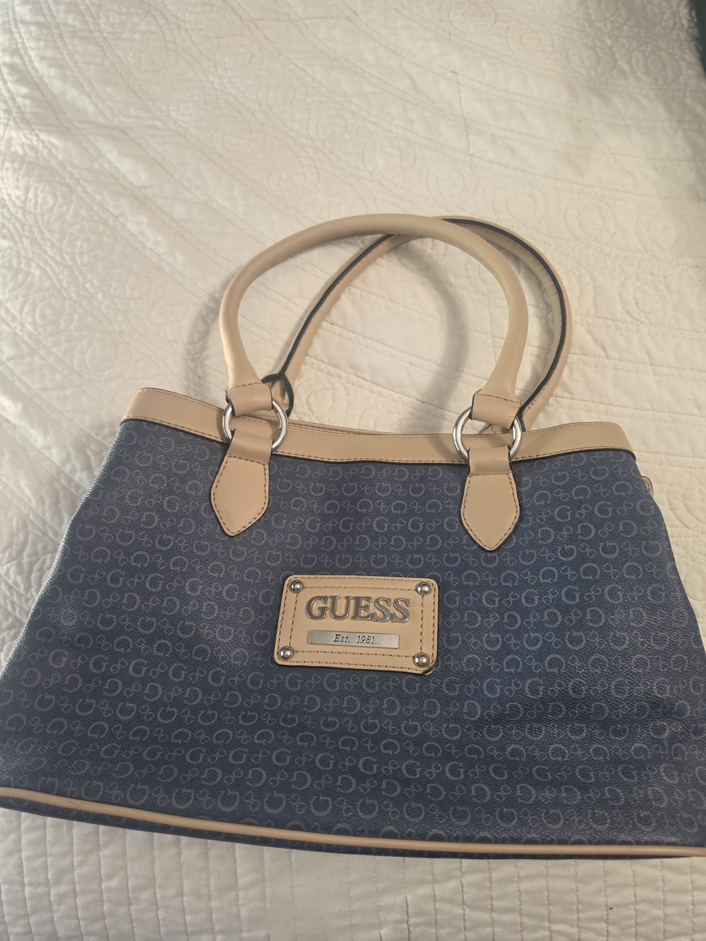 GUESS Blue Logo Tote with Beige Trim